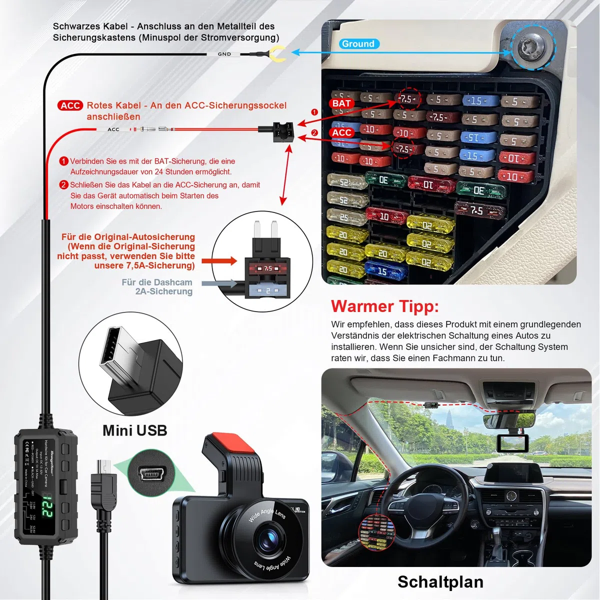 Dash Cam Hardwire Kit Mini USB mit LED-Bildschirm, 12V-32V bis 5V 3A 4m 2-Core Hardwire Kit Einstellbare Niederspannungsschutz 24H Parküberwachung Kabelsatz Kit mit Sicherung, 4 Typ Adapter