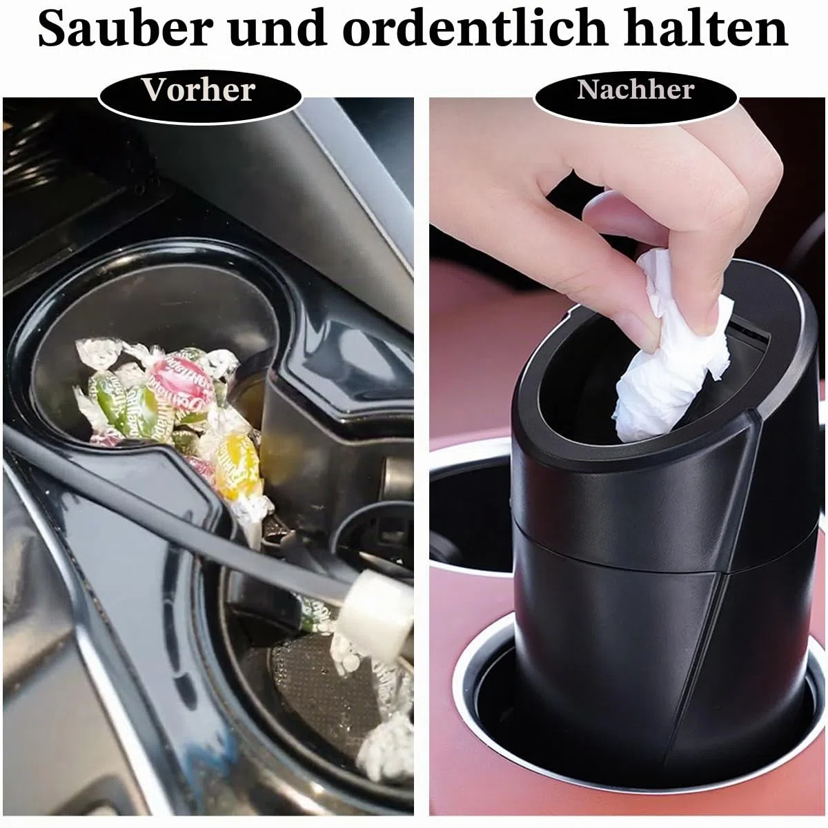 Auto Mülleimer mit Deckel – 2 Packungen Automülleimer Getränkehalter – Schwarzer Mini Mülleimer für Auto mit 40 Müllbeuteln - Auto Organizer und Aufbewahrung für Vordersitz Zubehör