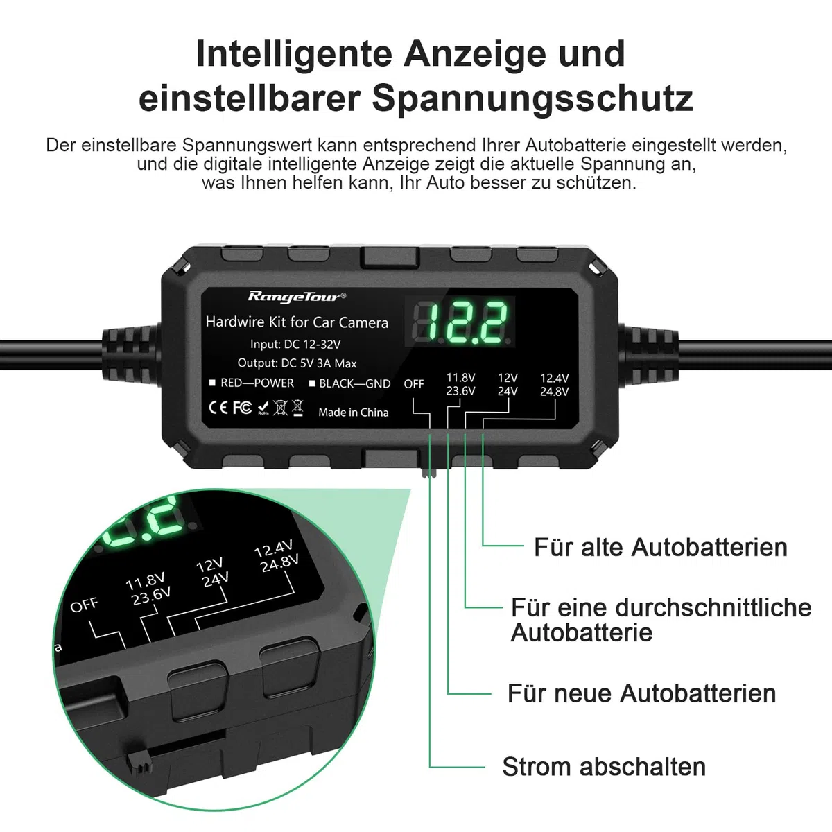 Dash Cam Hardwire Kit Mini USB mit LED-Bildschirm, 12V-32V bis 5V 3A 4m 2-Core Hardwire Kit Einstellbare Niederspannungsschutz 24H Parküberwachung Kabelsatz Kit mit Sicherung, 4 Typ Adapter