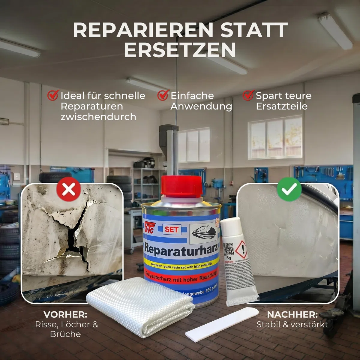 STC GFK Reparaturset 250 g – Polyesterharz mit Härter & Glasfasermatte für Reparaturen von Boot, Auto & Karosserie – Profi Laminierharz inkl. Spachtel & Mischbecher – Made in Germany