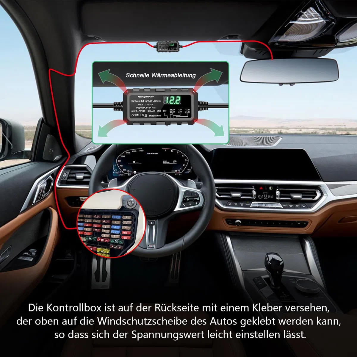 Dash Cam Hardwire Kit Mini USB mit LED-Bildschirm, 12V-32V bis 5V 3A 4m 2-Core Hardwire Kit Einstellbare Niederspannungsschutz 24H Parküberwachung Kabelsatz Kit mit Sicherung, 4 Typ Adapter
