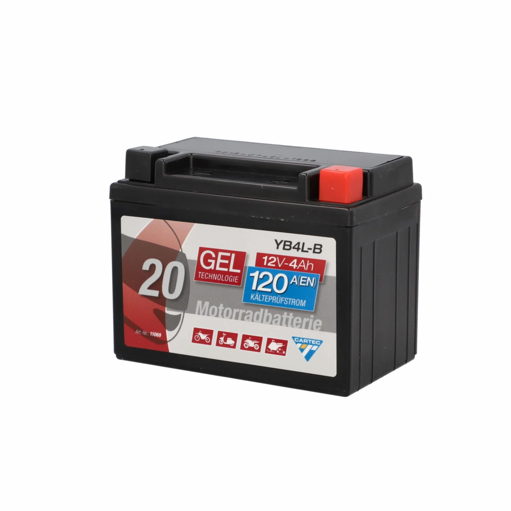 CARTEC Motorradbatterie YB4L-B, 4Ah 120A, Gel Technologie Motorrad-Starter-Batterie, Erstausrüsterqualität, zyklenfest, lagerfähig, wartungsfrei, schwarz
