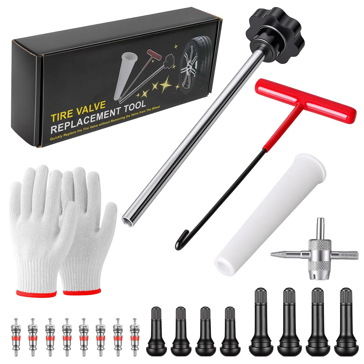 Hossom 24 Stück Reifenventil Werkzeug Set, 4 in 1 Reifenventil Abzieher Werkzeug & Reparatur Kit, autoreifen ventil Werkzeug Ventilschlüssel, Hilfswerkzeug mit Handschuhe für Auto, LKW, Motorrad