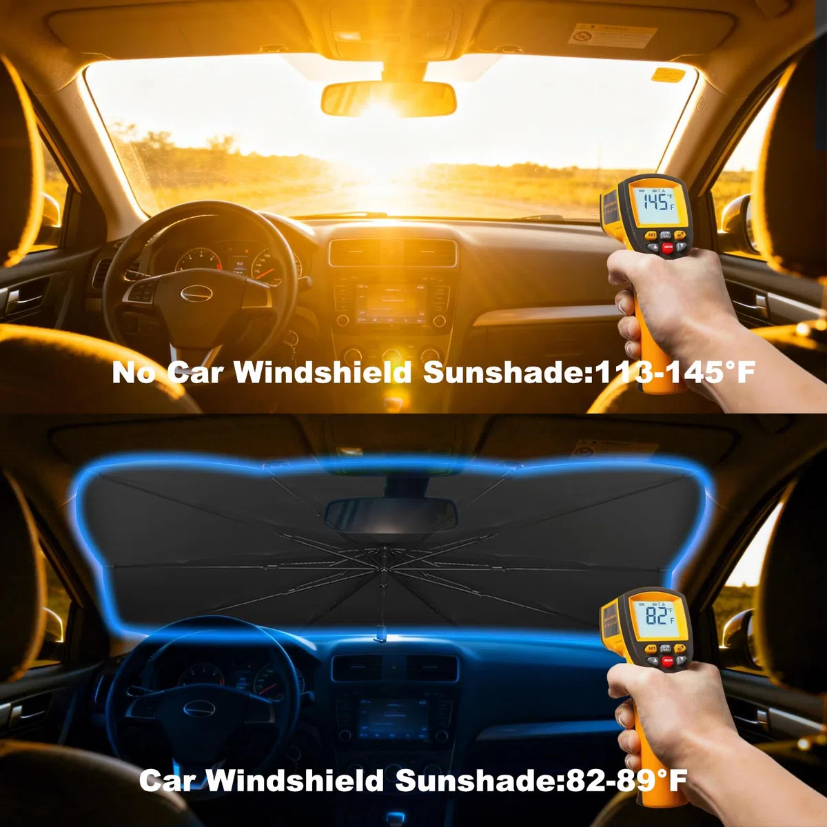 BIRDDIE Auto Sonnenschutz für die Windschutzscheibe stabile manuelle Einstellung in Mehreren Winkeln, UV & Hitzeschutz mit Ledertasche, für Limousinen, SUVs und MPVs