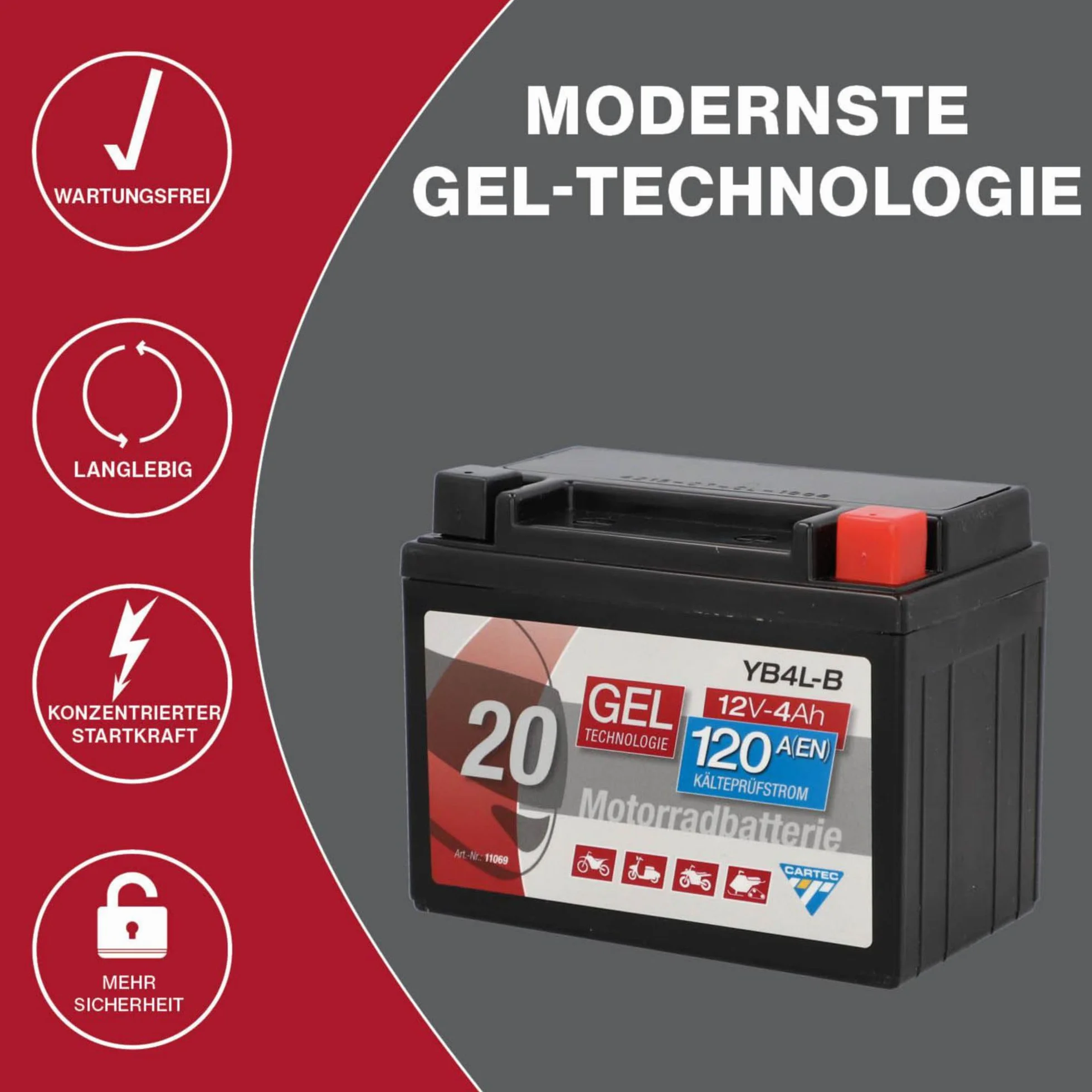 CARTEC Motorradbatterie YB4L-B, 4Ah 120A, Gel Technologie Motorrad-Starter-Batterie, Erstausrüsterqualität, zyklenfest, lagerfähig, wartungsfrei, schwarz