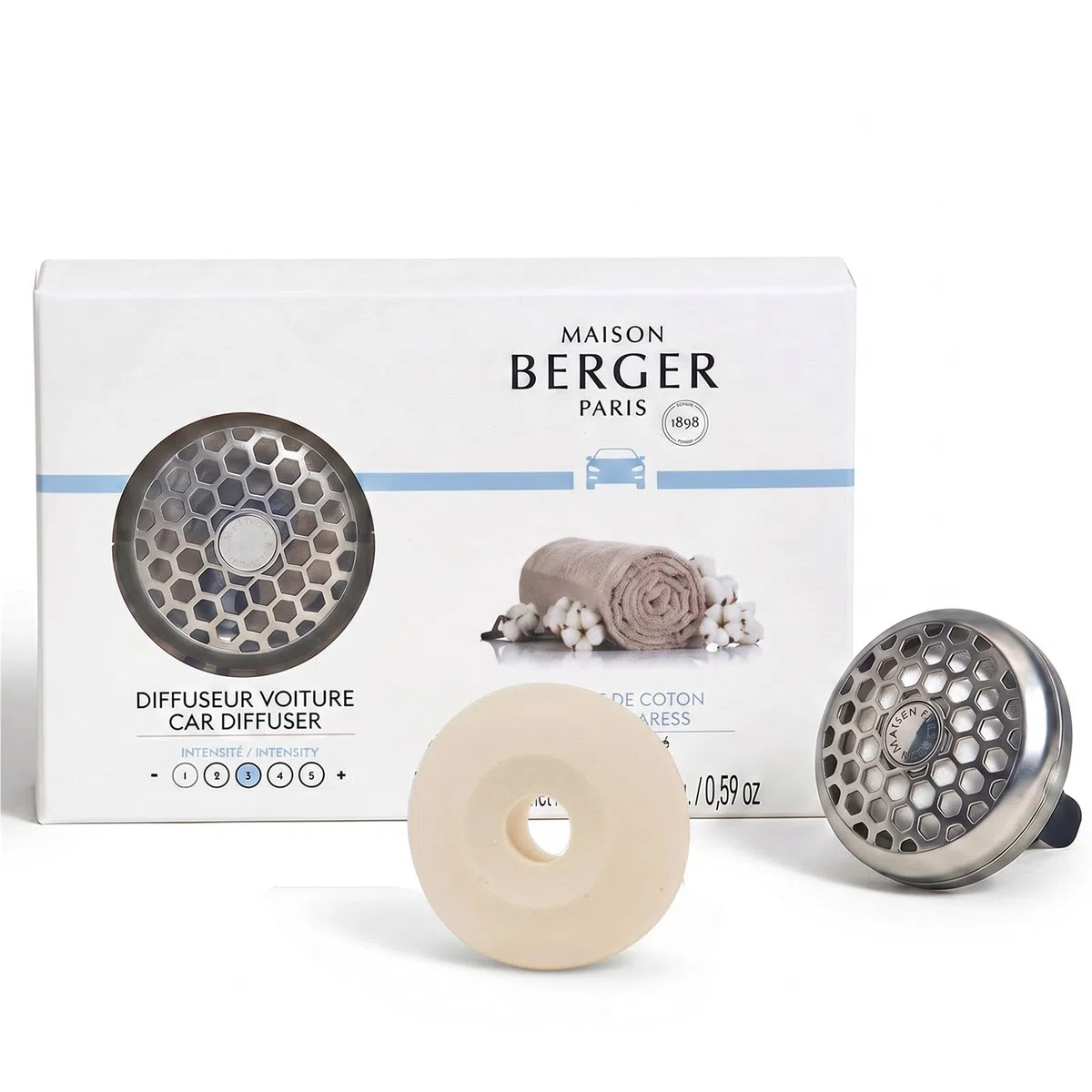 Maison Berger Auto Diffusor Set - Nachfüllbarer Entlüftungsclip Keramik Nachfüller Made in France - Luxus Auto Duft - 4 Wochen Diffusion - Eleganter Lufterfrischer für alle Auto-Lüftungsöffnungen