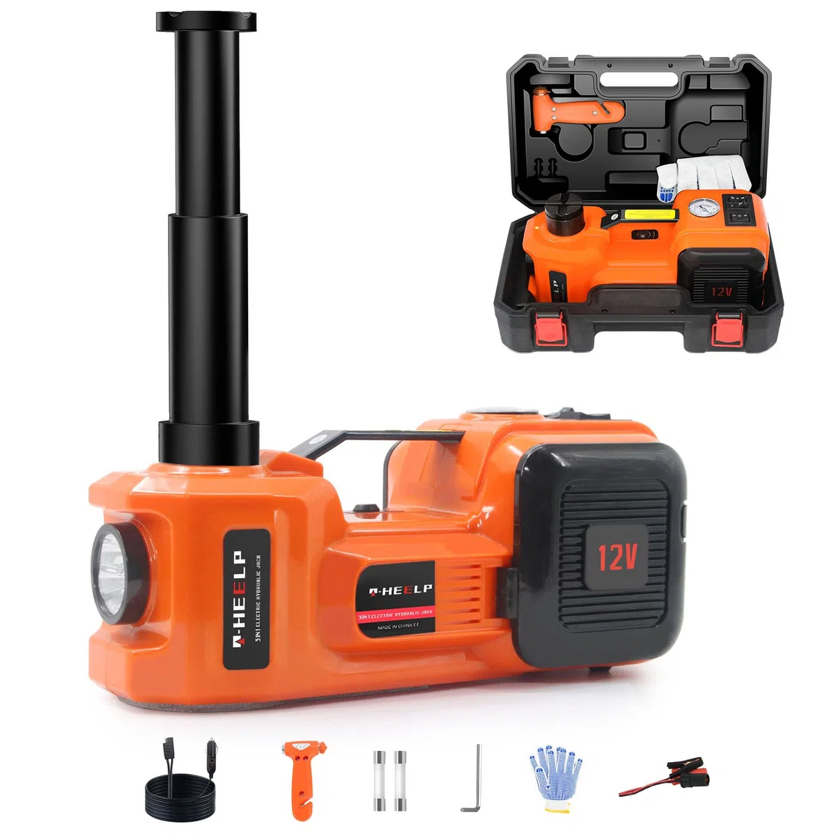 E-Heelp elektrischer Wagenheber, Set, 5 Tonnen, 12 V, hydraulisch (Hubbereich: 15,5 - 45 cm) mit Luftpumpe, elektrischer Wagenheber für Auto, SUV, Limousine, MPV, Wechselreifen, Garage, Reparatur