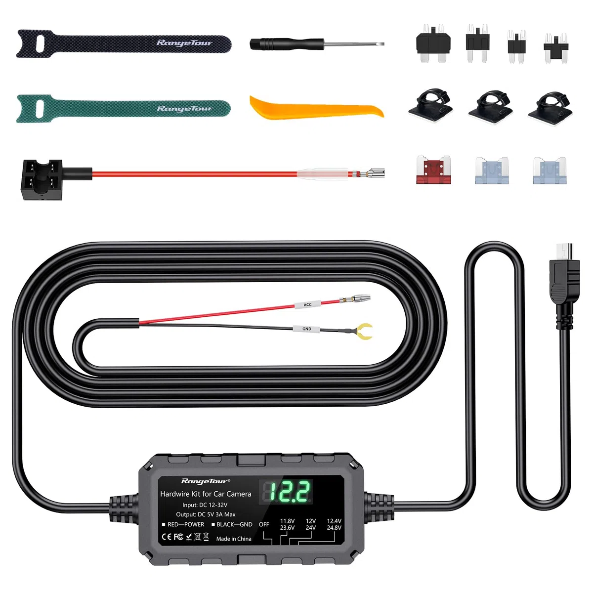 Dash Cam Hardwire Kit Mini USB mit LED-Bildschirm, 12V-32V bis 5V 3A 4m 2-Core Hardwire Kit Einstellbare Niederspannungsschutz 24H Parküberwachung Kabelsatz Kit mit Sicherung, 4 Typ Adapter