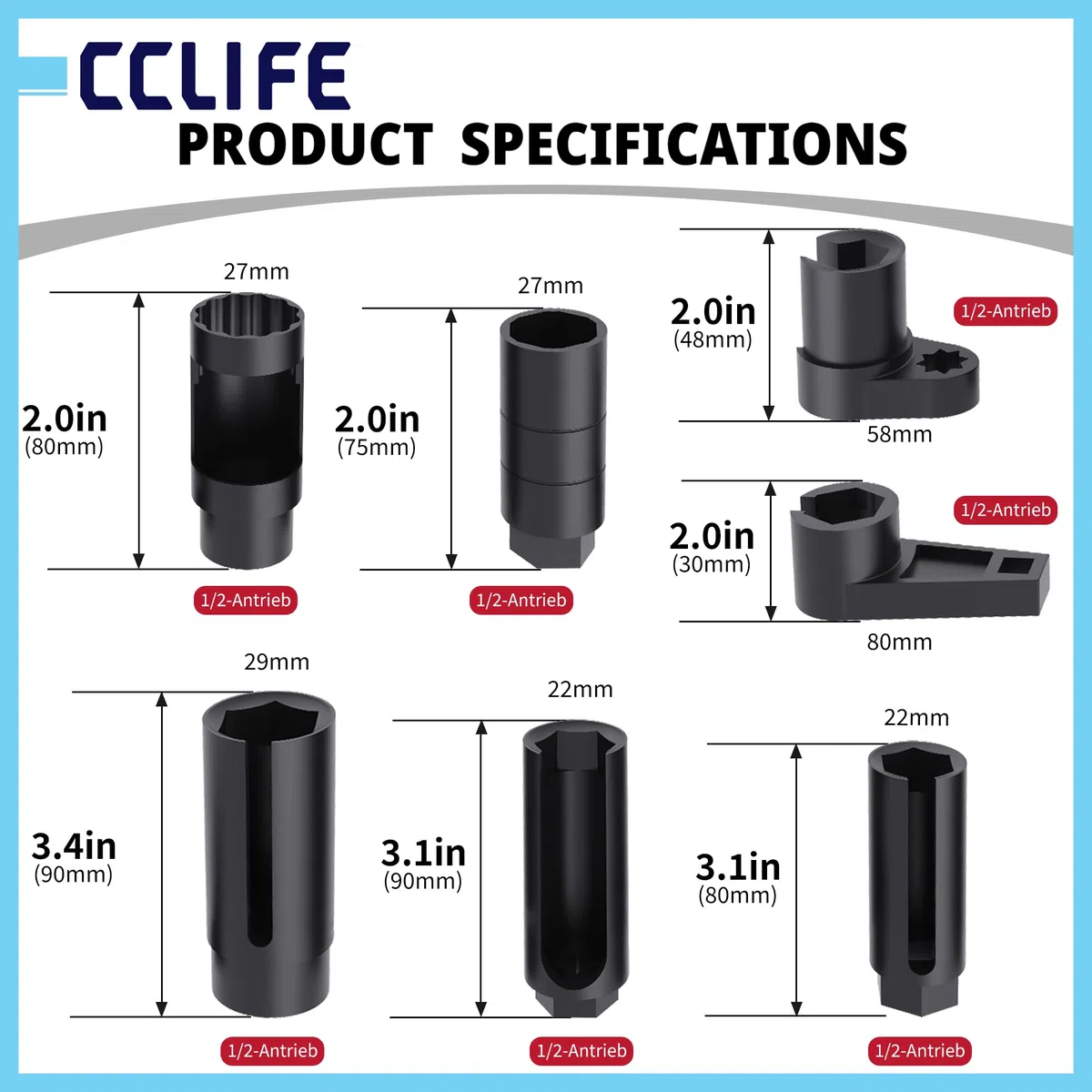 CCLIFE Lambdasonde Werkzeug Set 7tlg 22/27/29mm 1/2" & 3/8" | Cr-Mo Stahl,Seitliche Aussparung,Kabelschutz,kompatibel mit VW/BMW/Mercedes/Ford,Profi & DIY,Robuster Koffer