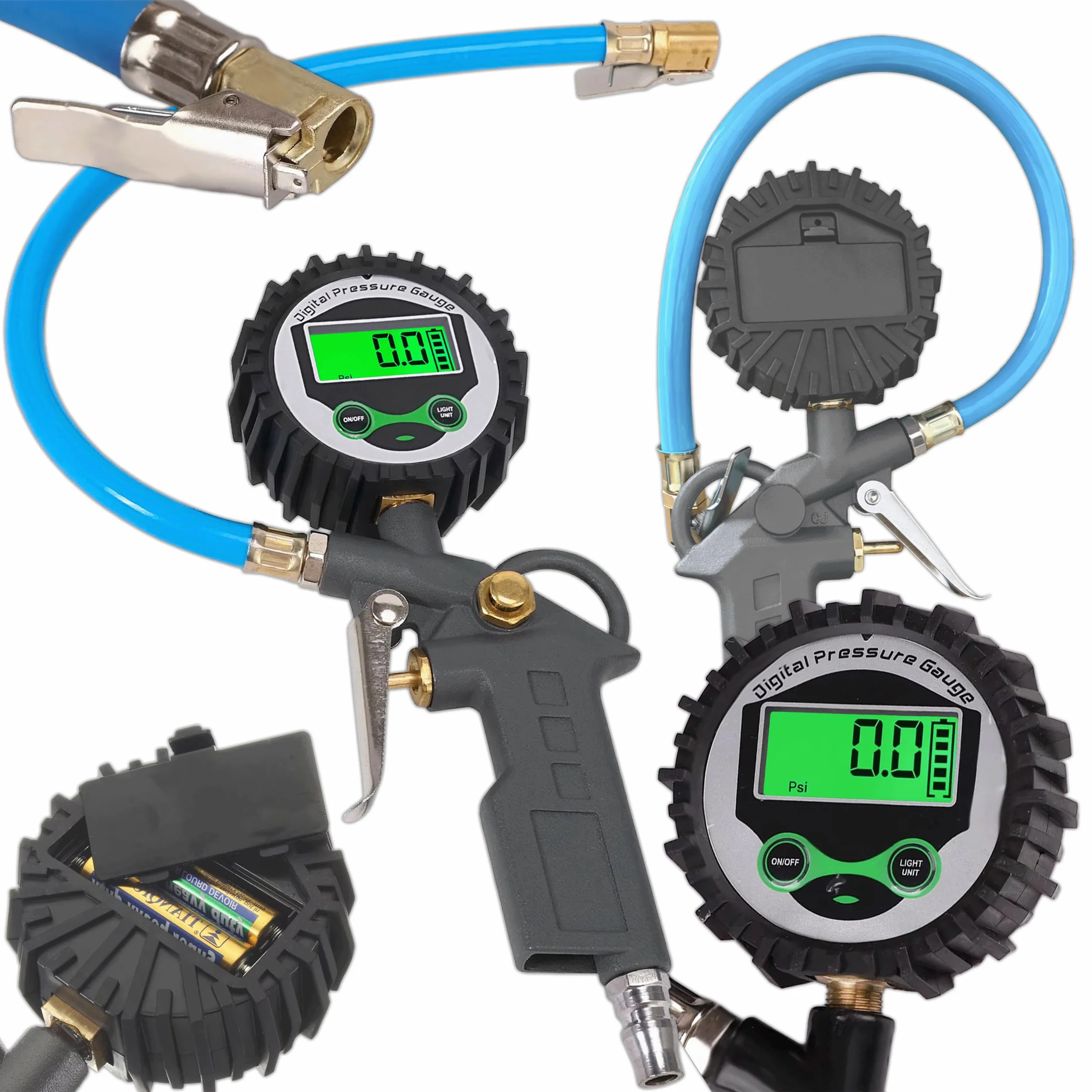 KRUMAD Digitaler Luftdruckprüfer 0–16 bar, Druckluftpistole mit LCD, Manometer-Messbereich, Manometer Druckluft, Reifenfüller mit Metallgehäuse, Fahrrad Kompressor, Automatische Druckeinstellung
