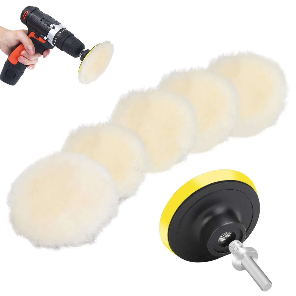Linkstyle 7 Stück Auto Polierhaube, 3 Zoll 73mm Lammwollhaube Wolle Polierteller Wollpuffer Polierhauben Pad Polierhaube Wollpad Polierfell Kit mit M10 Bohrer Adapter für Auto Polierauto