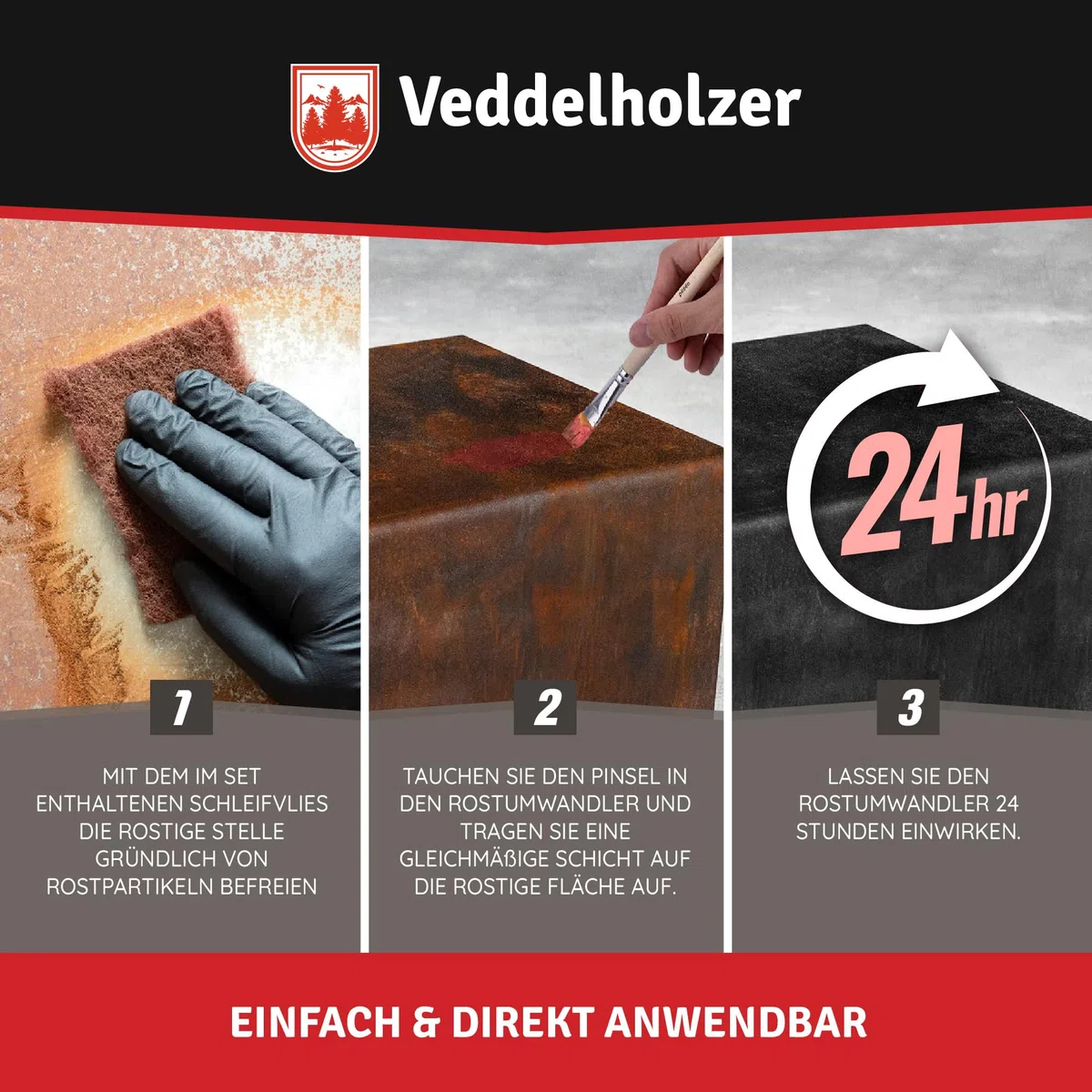 Veddelholzer Premium 500 ml Rostumwandler Gel Set inkl. Schleifvlies & Pinsel. Rostlöser, Rostschreck, Rostentferner für Metall, Auto, Motorrad, Fahrrad UVM. Effektive Alternative zum Rostlöser Spray