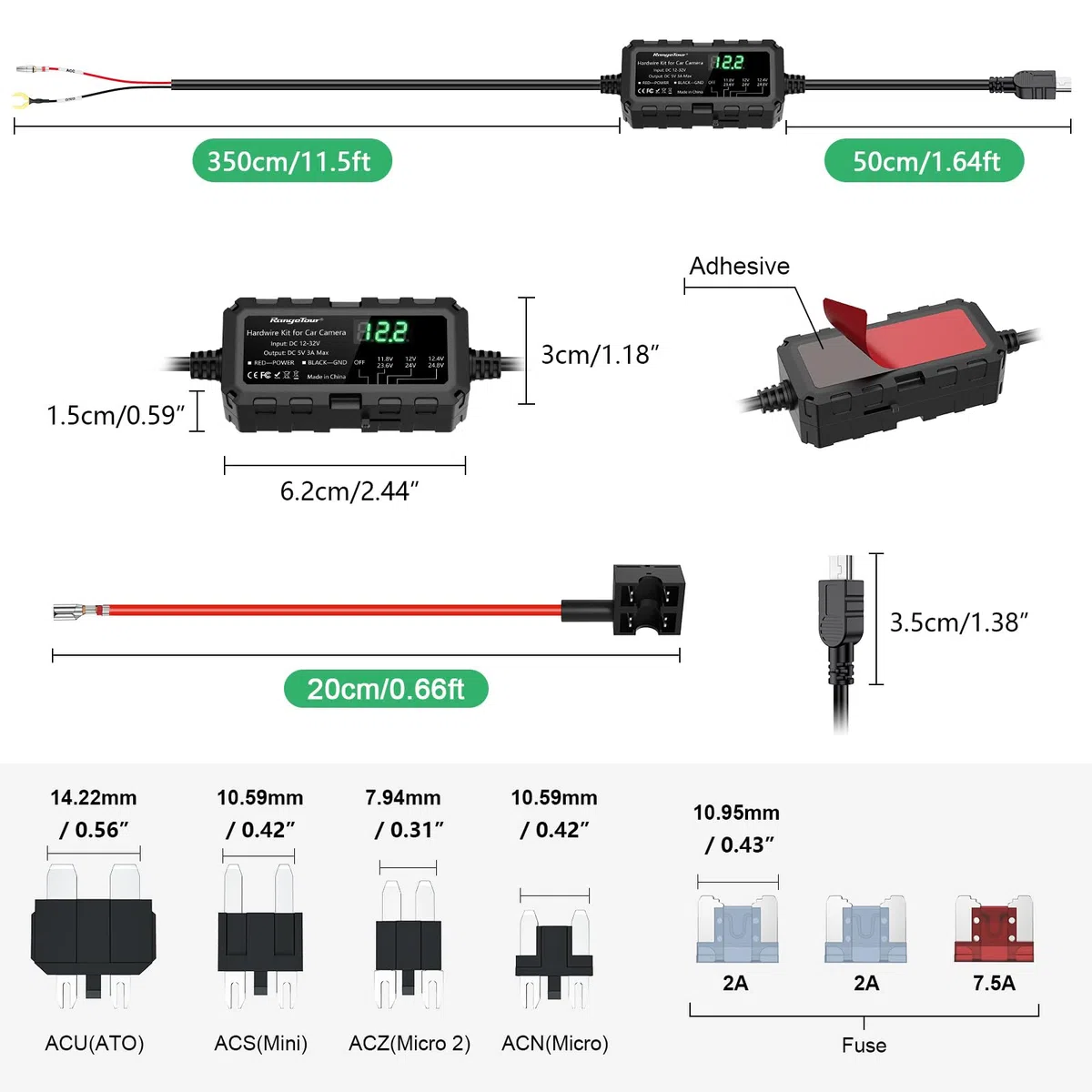 Dash Cam Hardwire Kit Mini USB mit LED-Bildschirm, 12V-32V bis 5V 3A 4m 2-Core Hardwire Kit Einstellbare Niederspannungsschutz 24H Parküberwachung Kabelsatz Kit mit Sicherung, 4 Typ Adapter