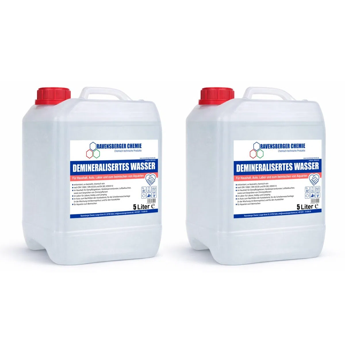 VE-Wasser im Kanister – demineralisiert & entionisiert nach DIN, kalkfrei – für Auto, Batterie, Haushalt, Labor & Reinigung – Ersatz für destilliertes Wasser (2x 5 Liter)