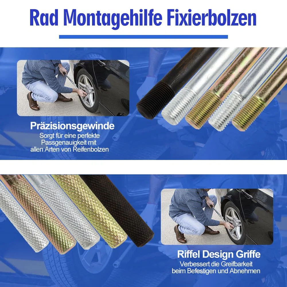 Reifen Montagehilfe, 10 TLG Radmontagehilfe Auto, Montagehilfe Reifenwechsel, 2PCS M15x1.25 / M12x1.5 / M12x1.25 / M14x1.5 / M14x1.25 Rad Montagehilfe Fixierbolzen
