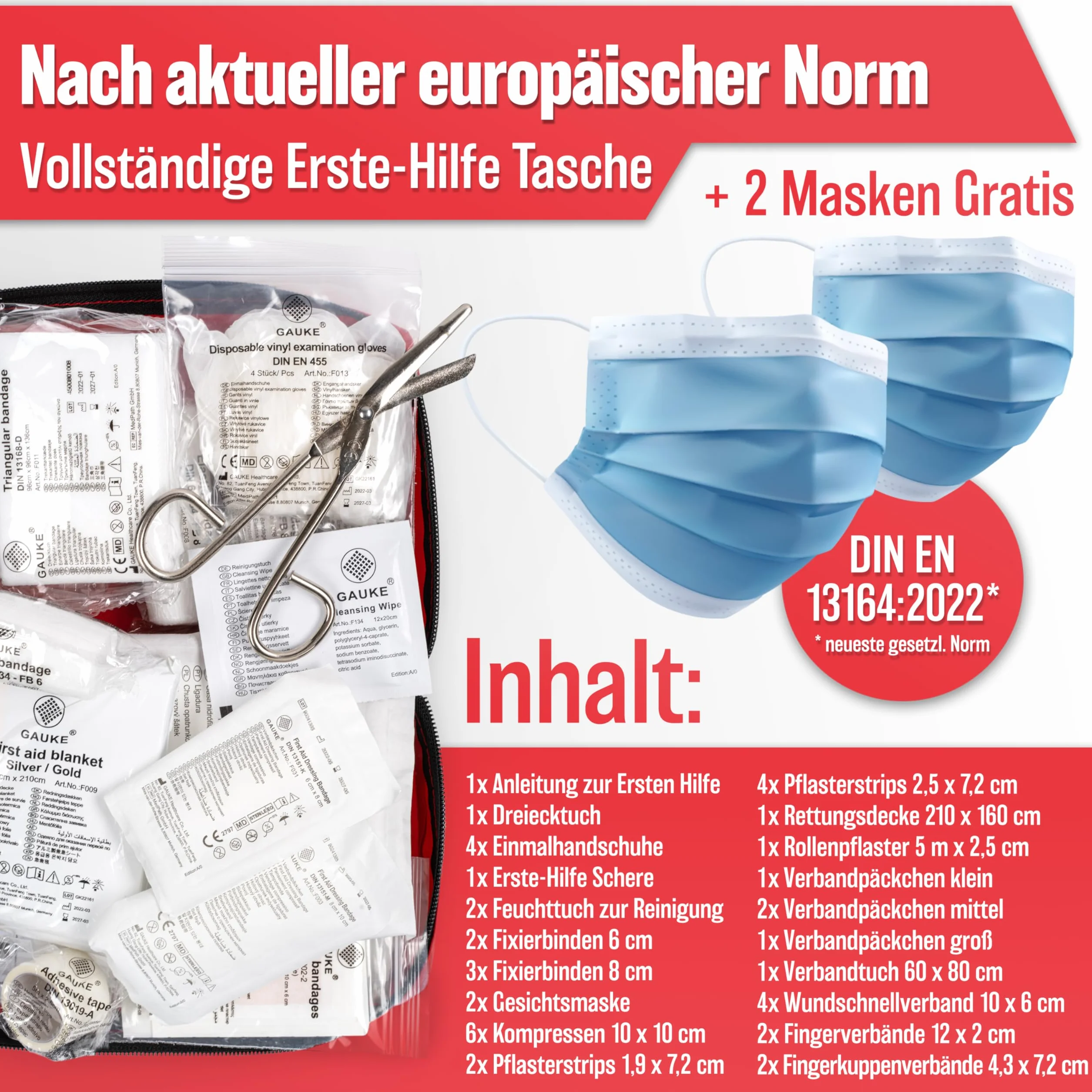 HELDENWERK KFZ Verbandstasche nach aktueller Norm 2026 - Europaweit Nutzbar - Erste Hilfe Set Auto Verbandskasten DIN 13164:2022 (StVO konform)