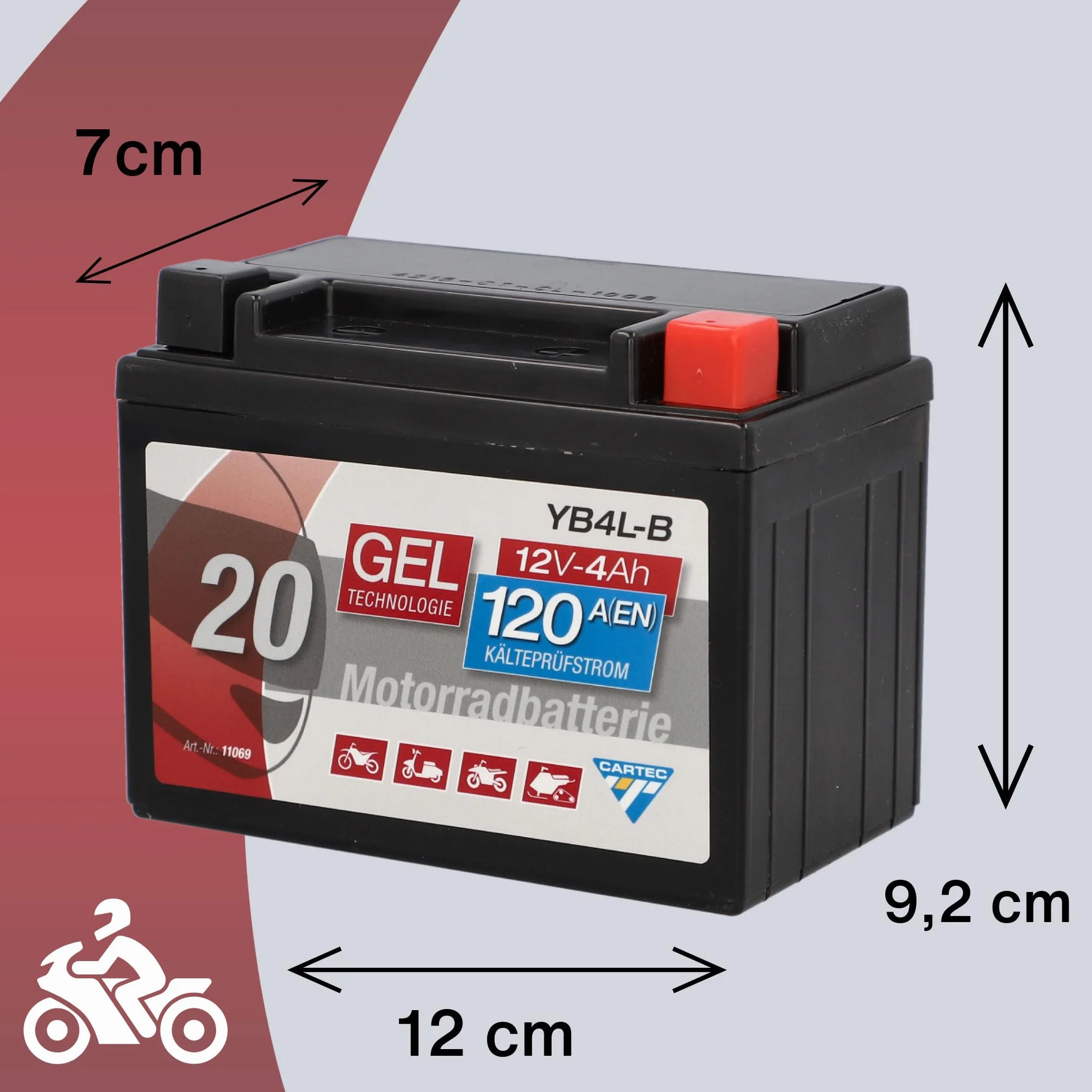 CARTEC Motorradbatterie YB4L-B, 4Ah 120A, Gel Technologie Motorrad-Starter-Batterie, Erstausrüsterqualität, zyklenfest, lagerfähig, wartungsfrei, schwarz