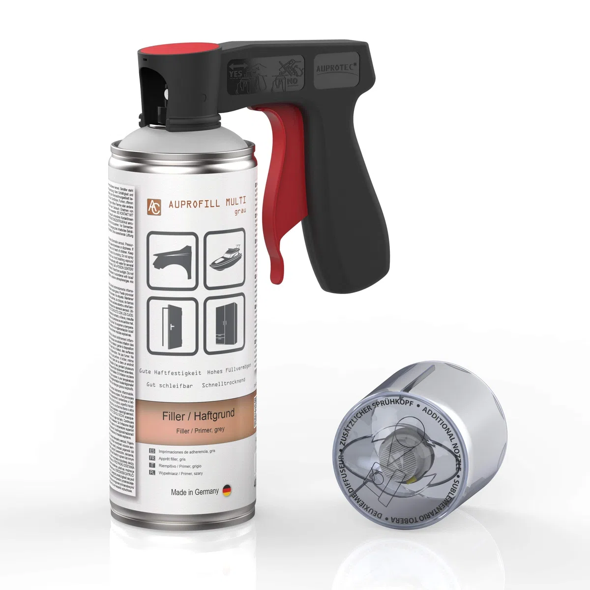 AUPROTEC Haftgrund Füller AUPROFILL MULTI Filler Grundierung für Autolack Primer Spray grau 1x 400ml + 1x Original Pistolengriff