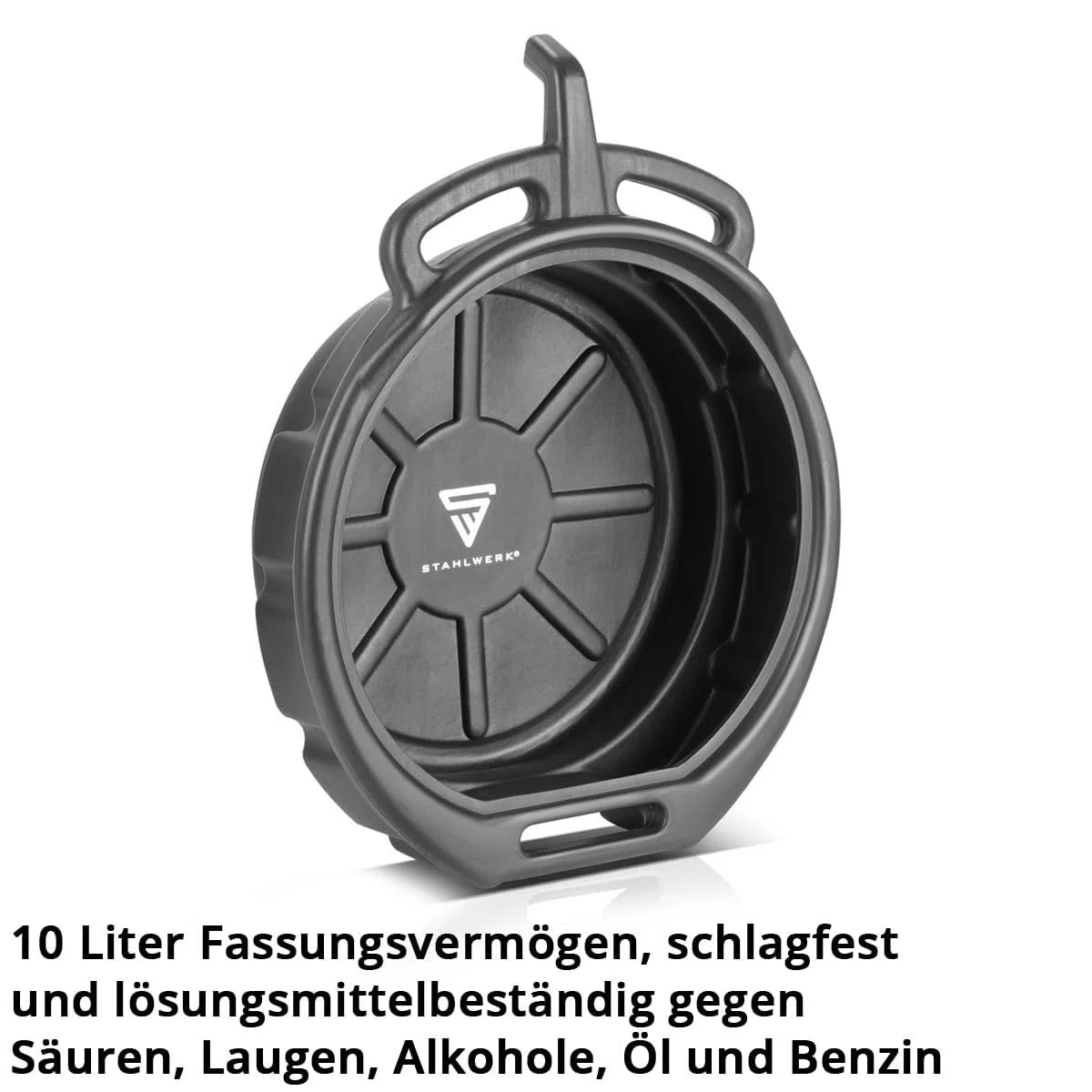 STAHLWERK Ölauffangwanne mit Abfüllstutzen 10 l | Flache, runde Auffangwanne | Ölwanne | Ölwechselkanister | Kunststoffwanne | Ölauffangbehälter aus Kunststoff für Kfz-Ölwechsel