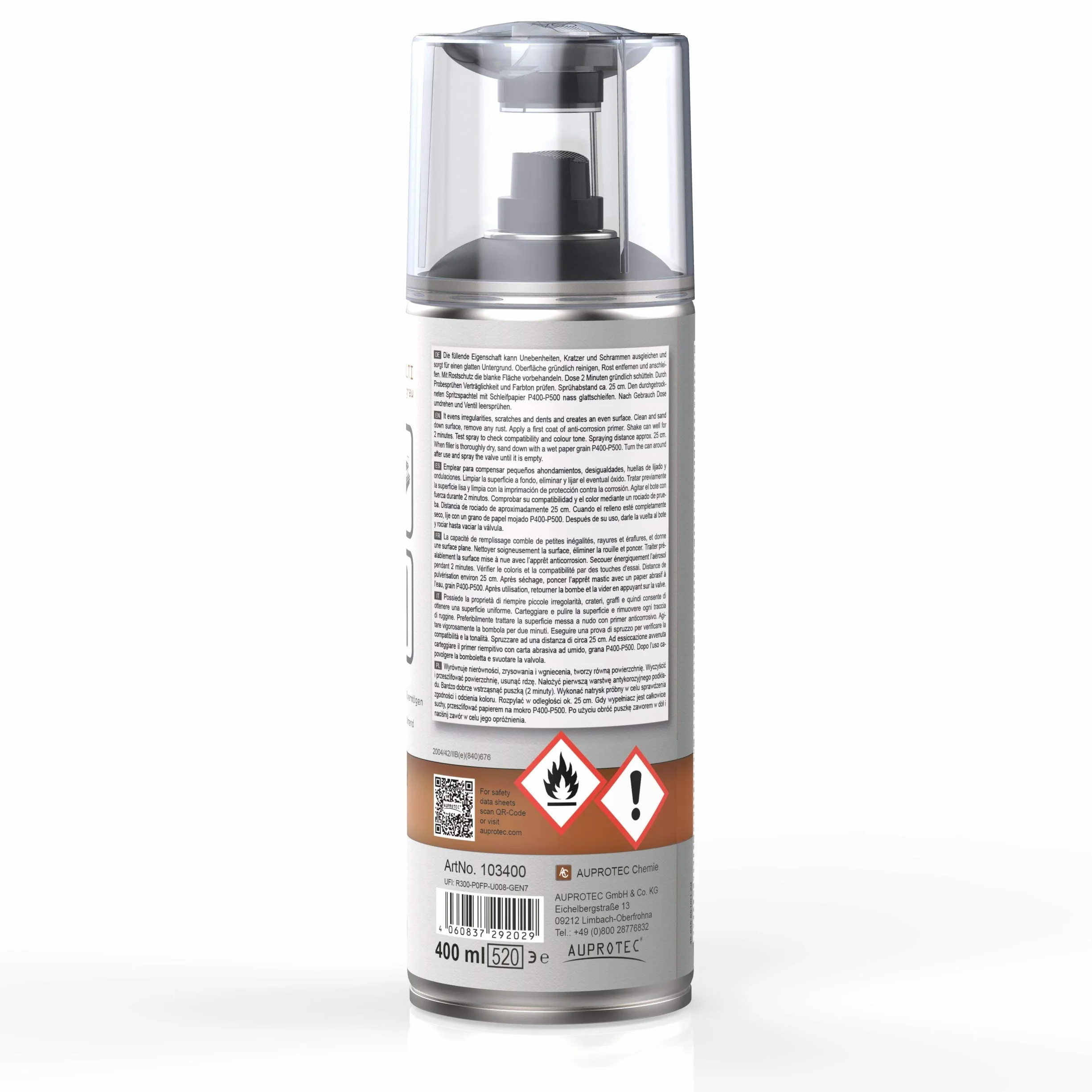 AUPROTEC Haftgrund Füller AUPROFILL MULTI Filler Grundierung für Autolack Primer Spray grau 1x 400ml + 1x Original Pistolengriff