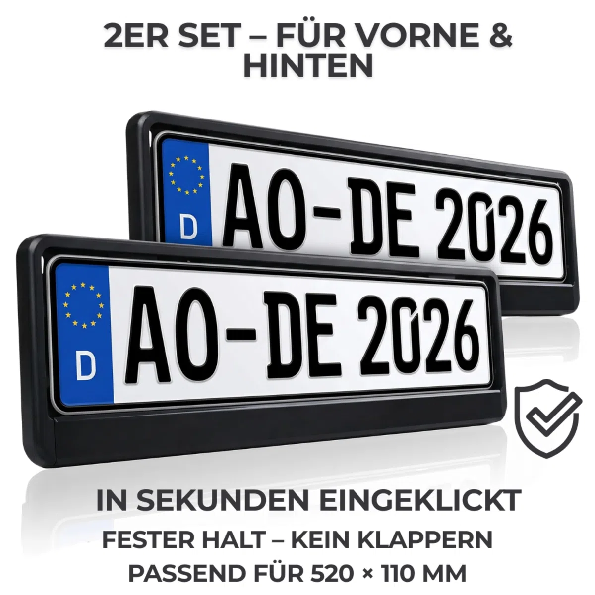 Kennzeichenhalter ohne Werbung 2er Set – Auto Nummernschildhalter schwarz 520 x 110 mm – Fester Halt, kein Klappern, schnelle Klickmontage