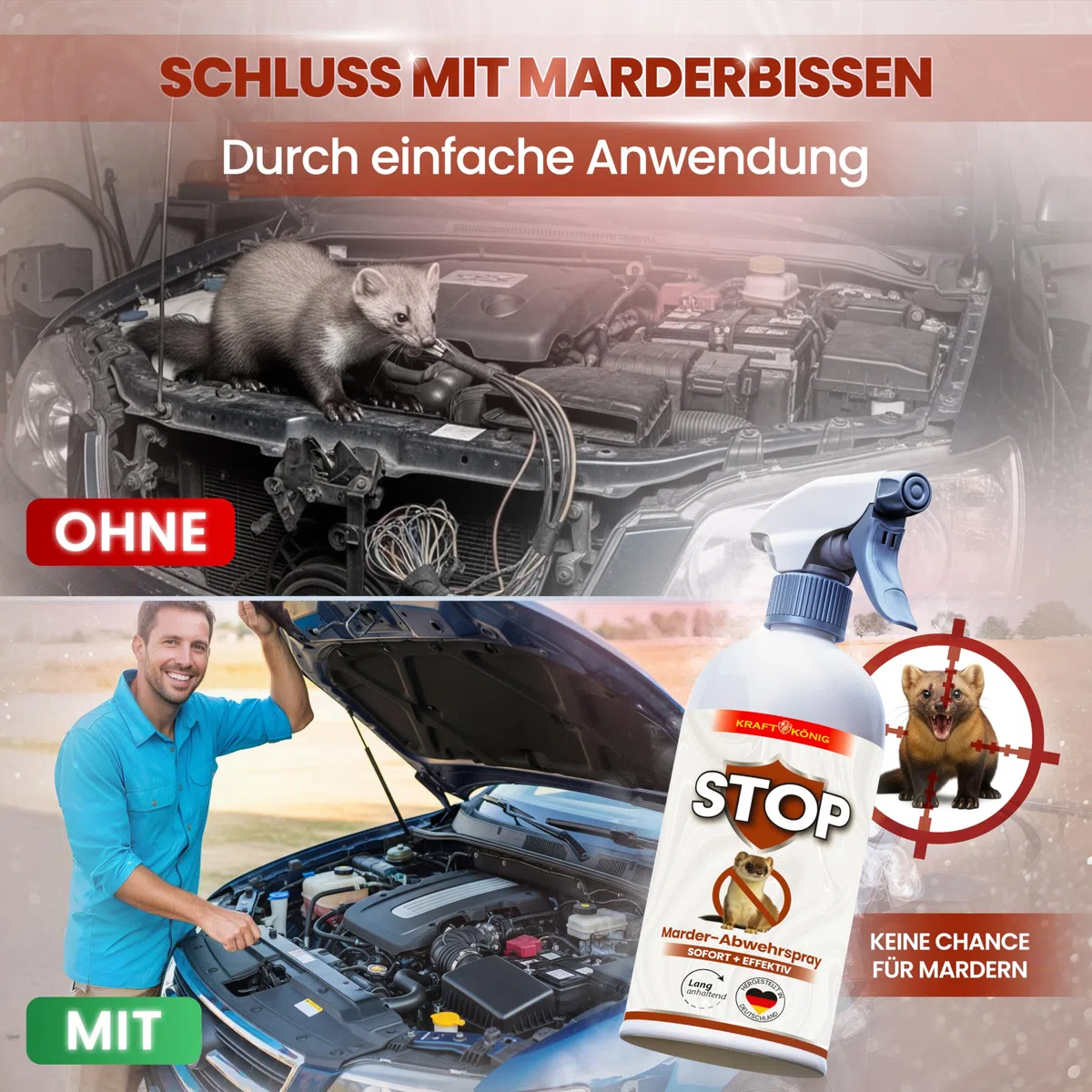Marderspray 500 ml – Hochwirksamer Marderschreck für Auto, Motorraum, Dachboden, Garage & Garten – Effektive Marderabwehr mit Langzeitschutz, sofort einsatzbereit