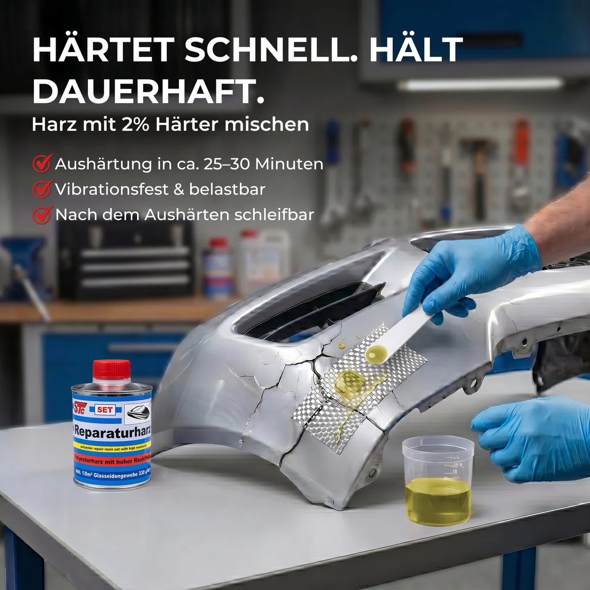 STC GFK Reparaturset 250 g – Polyesterharz mit Härter & Glasfasermatte für Reparaturen von Boot, Auto & Karosserie – Profi Laminierharz inkl. Spachtel & Mischbecher – Made in Germany