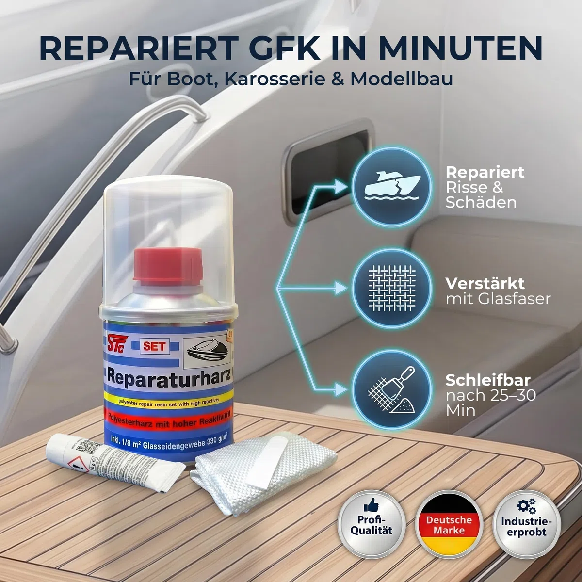 STC GFK Reparaturset 250 g – Polyesterharz mit Härter & Glasfasermatte für Reparaturen von Boot, Auto & Karosserie – Profi Laminierharz inkl. Spachtel & Mischbecher – Made in Germany