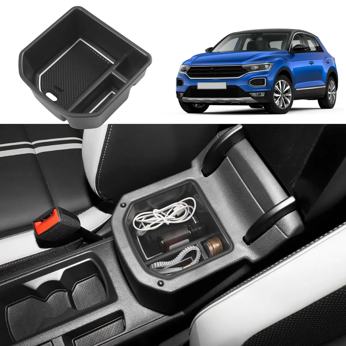Mittelkonsole Aufbewahrungsbox Kompatibel mit VW T-ROC 2018-2024, T ROC Zubehör Armlehne Organizer, T-ROC Mittelarmlehne Handschuhfach Mit Rutschfestermatte (Weiß)