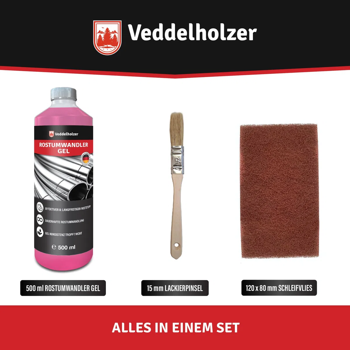 Veddelholzer Premium 500 ml Rostumwandler Gel Set inkl. Schleifvlies & Pinsel. Rostlöser, Rostschreck, Rostentferner für Metall, Auto, Motorrad, Fahrrad UVM. Effektive Alternative zum Rostlöser Spray