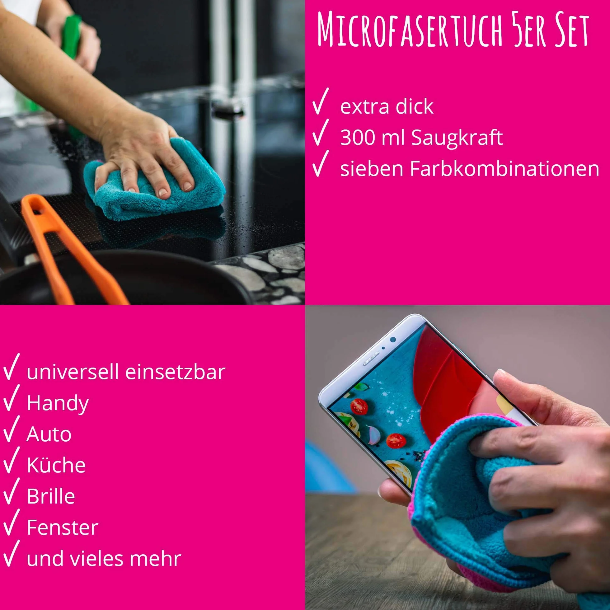 Kochblume 1-3-5-10er Set | Microfasertuch Putztuch 30 x 30cm, Aufnahmefähigeit bis ca. 300 ml | In der bunten Box (anthrazit-grau, 3er Set)