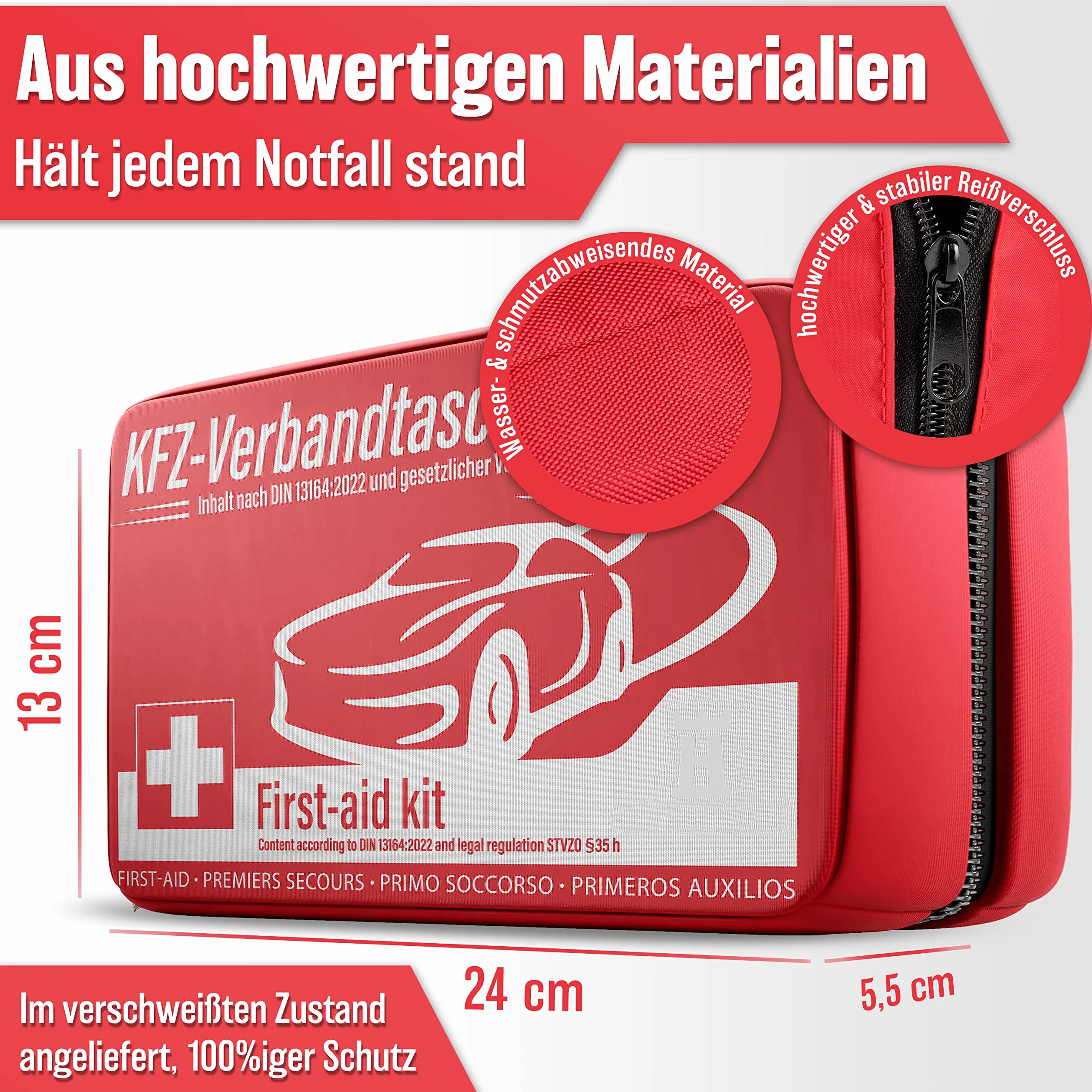 HELDENWERK KFZ Verbandstasche nach aktueller Norm 2026 - Europaweit Nutzbar - Erste Hilfe Set Auto Verbandskasten DIN 13164:2022 (StVO konform)