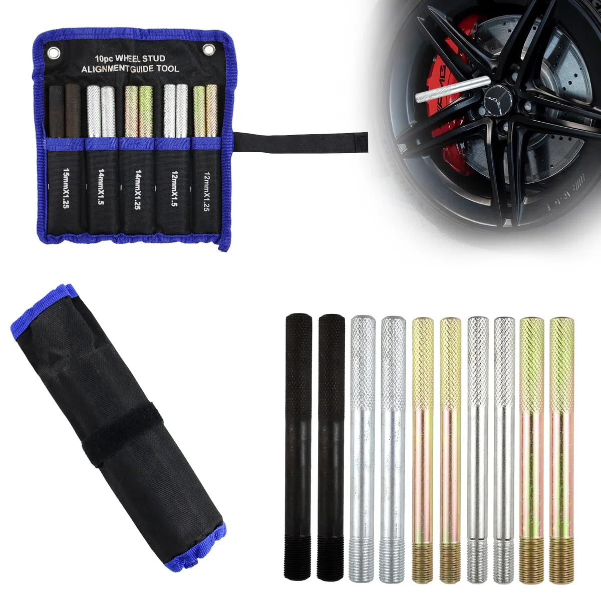 Reifen Montagehilfe, 10 TLG Radmontagehilfe Auto, Montagehilfe Reifenwechsel, 2PCS M15x1.25 / M12x1.5 / M12x1.25 / M14x1.5 / M14x1.25 Rad Montagehilfe Fixierbolzen