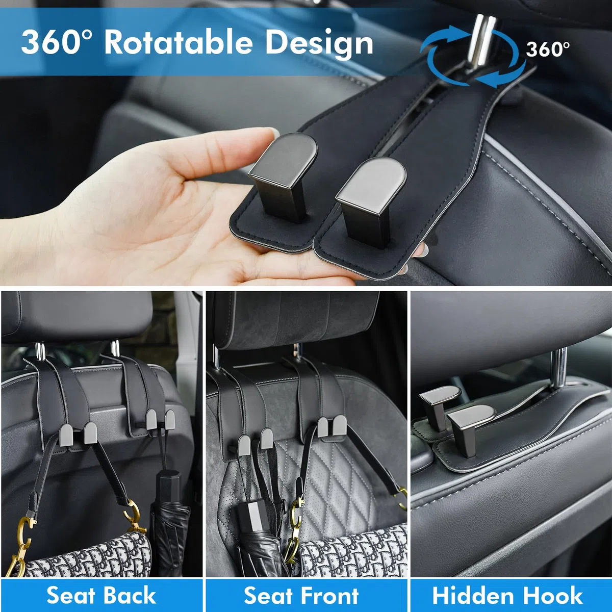Auto-Haken für Kopfstütze, Leder, Autositz-Rückenlehne, Organizer, Innenzubehör, Autositz-Haken für Geldbörse, Regenschirme, Handtasche, Kleidung, Mäntel, Einkaufstaschen, Schwarz, 2 Stück