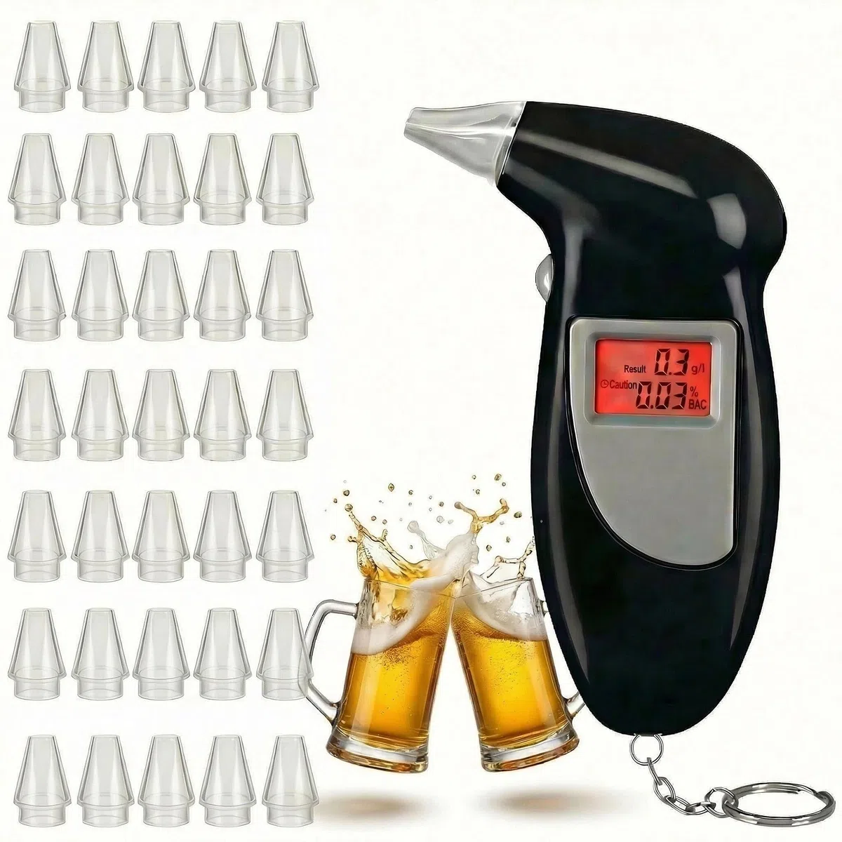 Alkoholtester Polizeigenau & Professionell – Portable Alkoholmessgerät mit Akku, 35 Mundstücke, Atemalkoholtester für Autofahren, Familie und Arbeit, Präzises Promillemessgerät mit Digitaldisplay