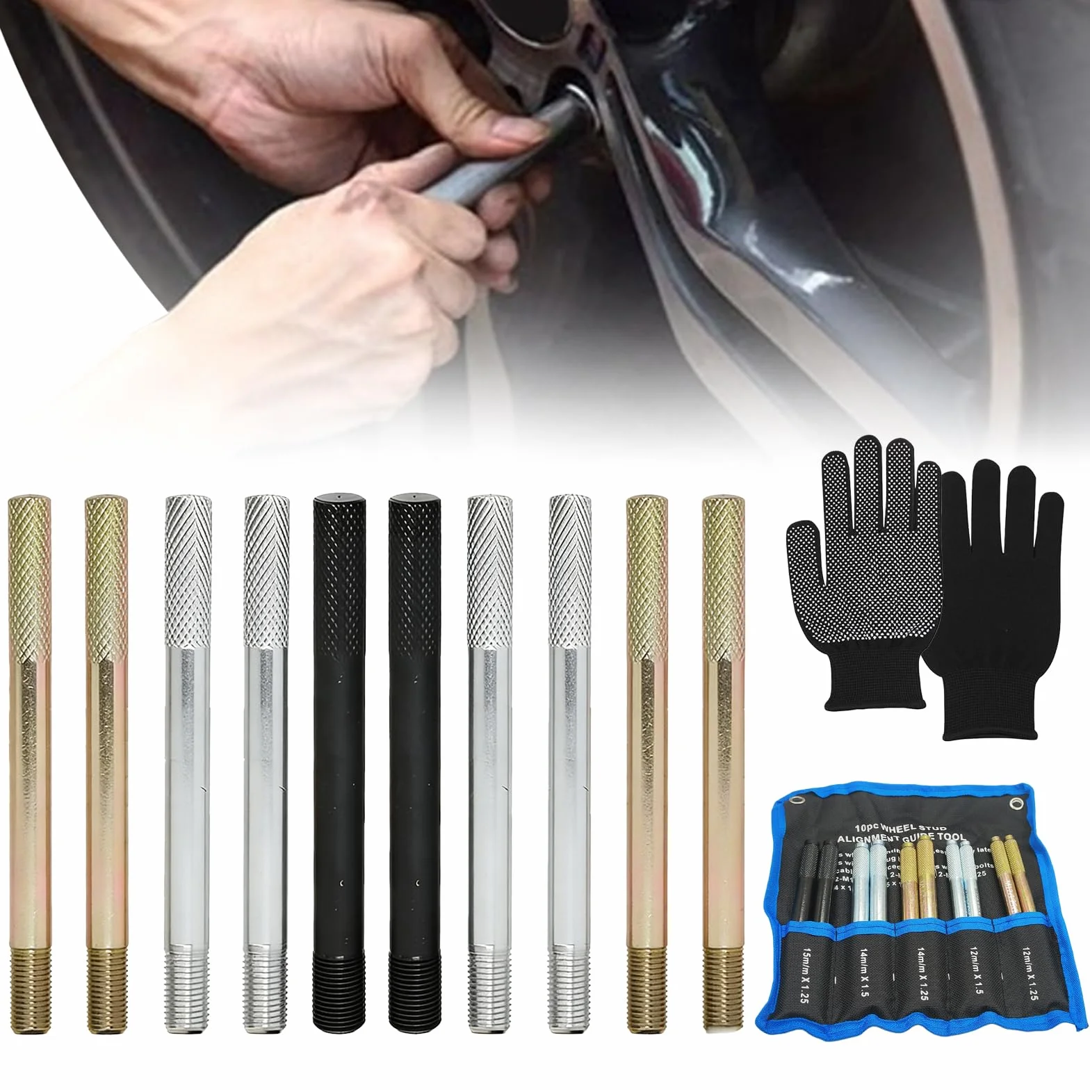 BORDEAG Radmontagehilfe Set,10-Teiliges Radmontagehilfe Fixierbolzen Mit Handschuhe,Reifen Montagehilfe,Edelstahl Radführungsstift Für Kfz,M12x1.25,M12x1.5,M14x1.25,M14x1.5,M15x1.25